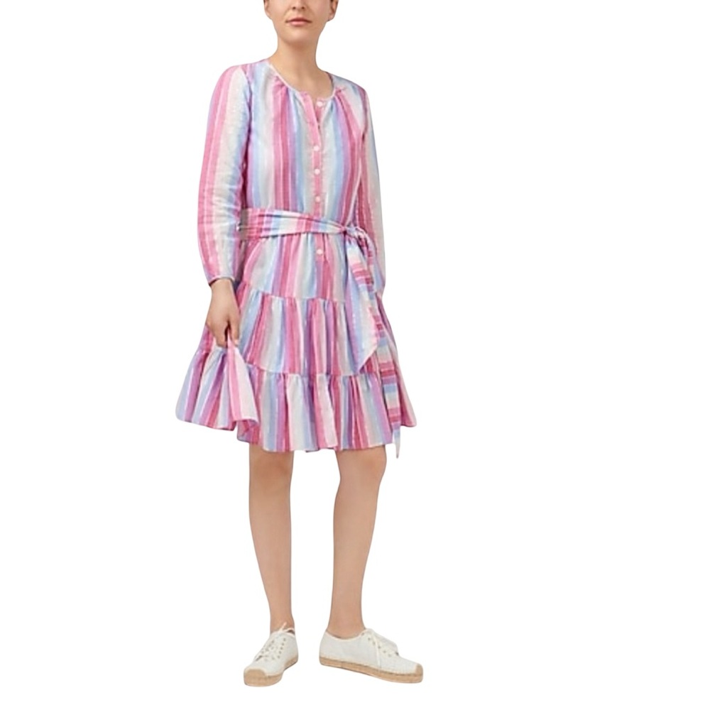 NWT J. Crew Cotton Multicolor Pastel Striped Belted Tiered Ruffle Shirt Dress